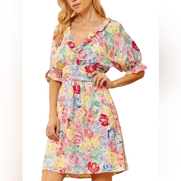 Emily Wonder Dresses & Skirts - Emily Wonder Surplice Dress Floral Multicolor Whimsical Cottage Fairy Sz S NWT